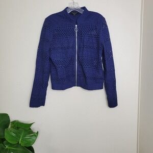 Laundry by Shelli Segal Eyelet Bomber Jacket Full Zip Blue Size 8